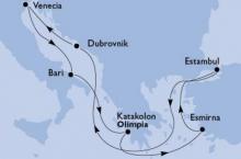 Mapa del itinerario del crucero por Italia, Grecia, Turquia y Croacia