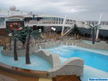 palmeras artificiales junto a la piscina