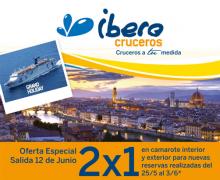 El próximo 12 de junio de este mismo año partirá el crucero Grand Holiday desde la ciudad condal para realizar un crucero sensacional por el mar mediterráneo. Los interesados en realizar este crucero podrán disfrutar de un 2x1 magnífico, una oportunidad excelente de viajar por 16 euros por persona/día. Imagen de la promo 2x1 de Iberocruceros