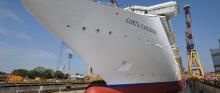 Todo listo para inaugurar al Costa Fascinosa Imagen del Costa Fascinosa en los astilleros de Fincantieri Marghera